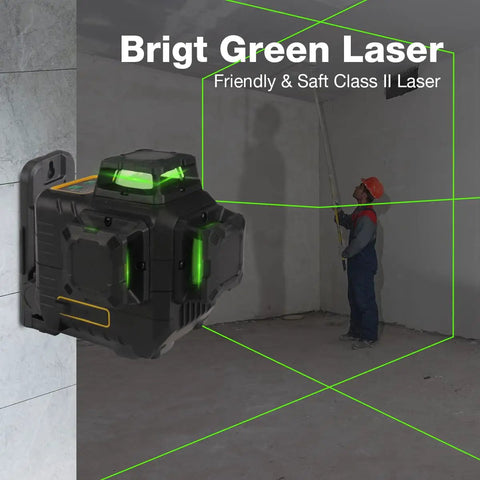 Pro Grade 3X360 Degree Self Leveling Laser Level Featuring Bright Green Cross Lines, mounted on wall with vertical and horizontal beams.