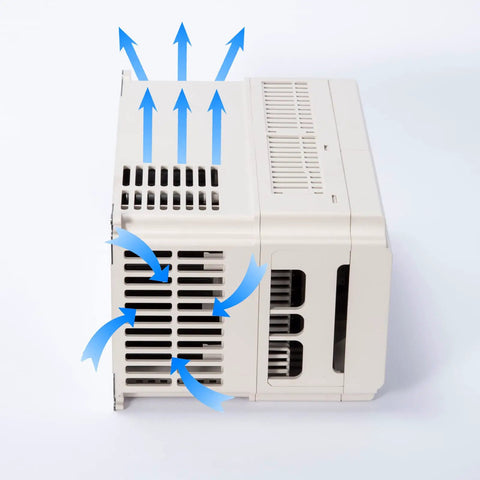 Side view of VFD 220V 7.5kW 32A 10HP Inverter Drive for CNC spindle motor showing air flow vents, converts single or three phase to three phase.