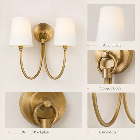 BZXNC Indoor Wall Sconce Fixture, 13" Modern Reading, White Fabric Brass with fabric shades and curved brass arms.