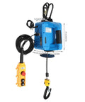 Heavy Duty Electric Power Hoist With 1100 Lbs Lift Capacity And Durable Steel Wire Cable For Garage Rigging and Workshop Lifting Jobs That Rock, blue hoist with remote control.