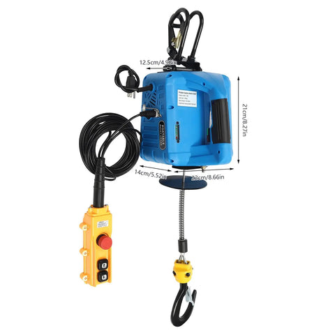 Heavy Duty Electric Power Hoist With 1100 Lbs Lift Capacity And Durable Steel Wire Cable For Garage Rigging and Workshop Lifting Jobs That Rock, blue hoist with remote control.