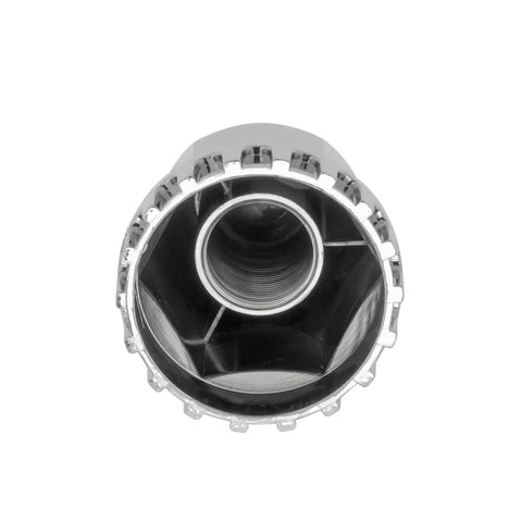Bottom view of a Premium Chrome Lug Nut Covers For Semi Trucks 33mm Lug Nuts Screw On Fit 33 Millimeter Lug Nuts Durable Weather Resistant