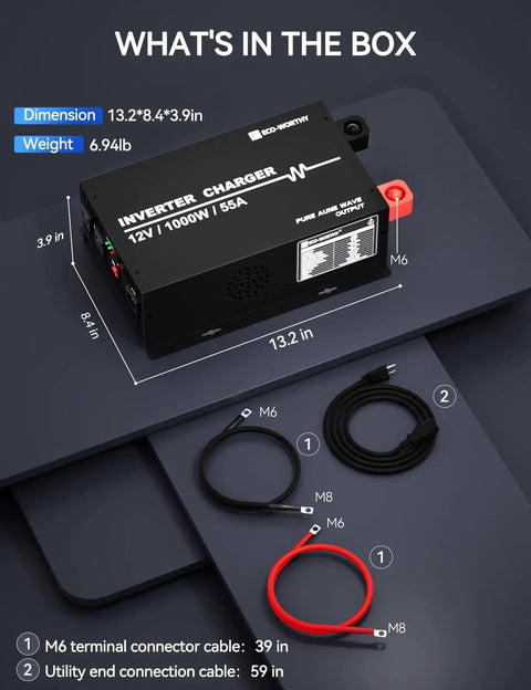 1000W Pure Sine Wave Inverter Charger With 55A LiFePO4 Battery Charger And 20Ms UPS dimensions and included cables