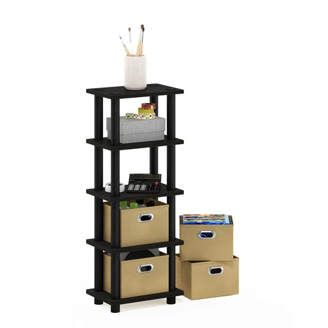 Four Tier Toolless Storage Shelves Espresso Finish With Four Fabric Bins No Sweat Setup Game Changer For Clutter Control Apartment Approved Hallway Bedroom Organizer Straight Up Solid Build