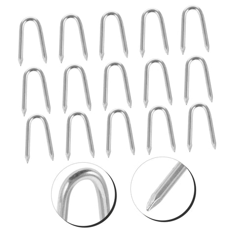 50 Pack U Shaped Fence Staples For Quick Install And Strong Hold Durable Metal Garden Stakes For Fences Landscaping And DIY Projects Multi Function Iron Pegs, showing multiple metal staples and close-ups of tips and curves.