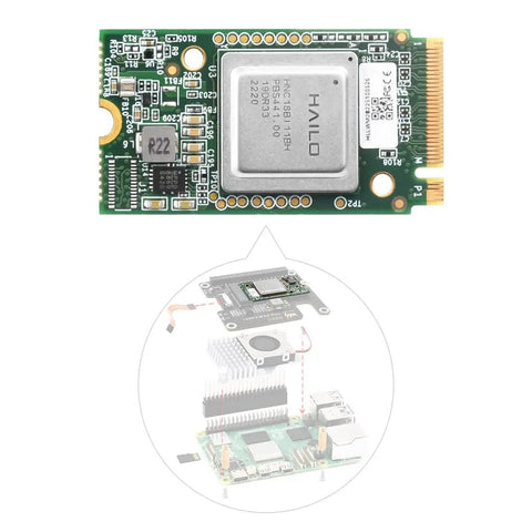 M.2 AI Accelerator Module With Hailo-8 26TOPS For Raspberry Pi 5, showcasing chip and installation diagram.