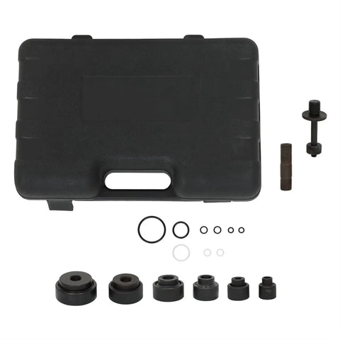 Heavy-Duty 10 Ton Hydraulic Knockout Punch Driver Kit With 1/2 Inch To 2 Inch Dies, black carrying case, and components arrayed
