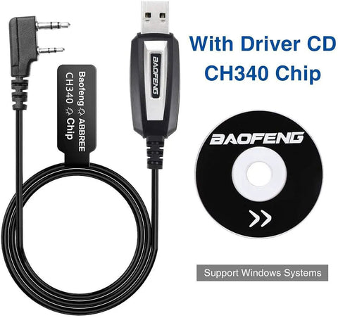 USB Ham Radio Programming Cable With CH340 Chip For UV5R BFF8HP 5RM UV21R with driver CD, Baofeng branding visible.