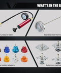 Streetwise 14 Piece Coolant Pressure Tester Kit With Manual Pump Radiator Leak Down Diagnostic Tool And Universal Adapters For Cars Trucks Bikes Dodge. Includes radiator tester, thermometer, 8 adapters and 4 aluminum caps.