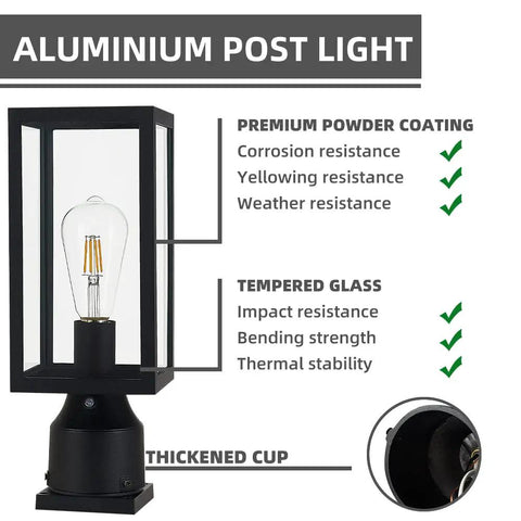 Dusk To Dawn Outdoor Post Light With Pier Mount Base Matte Black Lamp Post Lantern For Garden Yard And Entryways Boosting Curb Appeal Weatherproof Aluminum Clear Tempered Glass 5 Inch Fixture Easy Install with premium powder coating and thickened cup displayed.