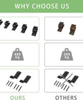 Comparison graphic of 12 Foot Black Exterior Sliding Barn Door Hardware Track Kit brackets and competitors' brackets, weight capacity, and screws.