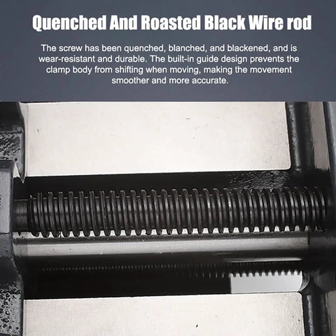 Detail of Heavy Duty Cross Slide Vise For Drill Press And CNC Milling Features A Hardcore Cast Iron Frame with black wire rod.