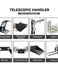 Heavy Duty Four Wheel Drive Telehandler Forklift accessories including wood grabber, side dump bucket, and vertical jib.