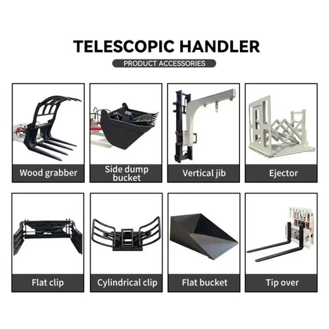 Heavy Duty Four Wheel Drive Telehandler Forklift accessories including wood grabber, side dump bucket, and vertical jib.