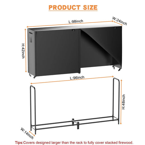 8Ft Firewood Rack With All Weather Cover For Indoor Outdoor Use detailed dimensions, showing heavy duty square steel frame and cover