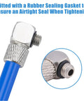 Close-up of silver elbow adapter with blue tube from 20 Pcs Thread Elbow Quick Release Air Tube Connector Set for Pneumatic and Hydraulic Equipment, Pipeline Valves and Tools, Durable Silver Elbow Adapters with Rubber Seals for Airtight Performance.