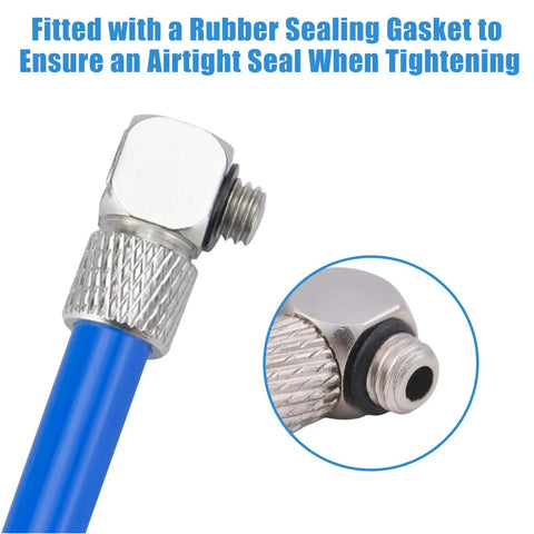 Close-up of silver elbow adapter with blue tube from 20 Pcs Thread Elbow Quick Release Air Tube Connector Set for Pneumatic and Hydraulic Equipment, Pipeline Valves and Tools, Durable Silver Elbow Adapters with Rubber Seals for Airtight Performance.