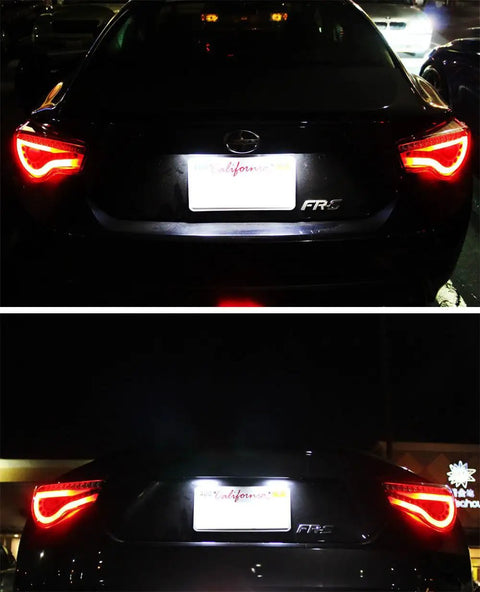 OEM-Fit 3W Full LED License Plate Light Kit on Scion FR-S at night with 24-SMD Xenon White LEDs, direct fit and weatherproof design