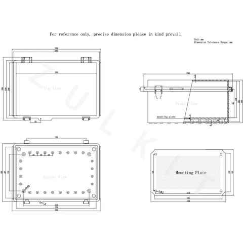 Technical drawing of the IP67 Waterproof Junction Box With Hinged Cover, Heavy Duty Stainless Steel Latch, Plastic Enclosure With Mounting Plate And Wall Brackets, Includes 2 Cable Glands, Grey, 11x7.5x5.5 Inches, top and side views.