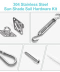 Heavy Duty Stainless Steel Shade Sail Hardware Kit For Awning Setup And Garden Sails With Adjustable Turnbuckles DIY Ready For Triangle Square And Rectangle Shade Sails including turnbuckle, snap hook, pad eye, screw, and plastic expansion.