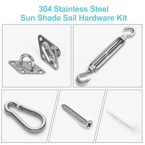 Heavy Duty Stainless Steel Shade Sail Hardware Kit For Awning Setup And Garden Sails With Adjustable Turnbuckles DIY Ready For Triangle Square And Rectangle Shade Sails including turnbuckle, snap hook, pad eye, screw, and plastic expansion.