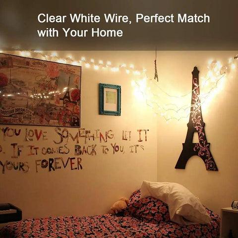 Incandescent Christmas Lights Set, 21.63 Ft Long, 100 Clear Mini Bulbs, Connectable End-To-End, bedroom decor on white wire