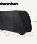 Water-Resistant Oxford Fabric Golf Cart Cover With 3 Zippered Doors, Side Vents, Adjustable Straps And Elastic Hem Cord, Fits EZGO Yamaha Club Car, 2 And 4 Passenger, shown with dimensions 112.5 x 50.5 x 62 inches