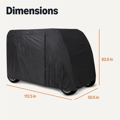 Water-Resistant Oxford Fabric Golf Cart Cover With 3 Zippered Doors, Side Vents, Adjustable Straps And Elastic Hem Cord, Fits EZGO Yamaha Club Car, 2 And 4 Passenger, shown with dimensions 112.5 x 50.5 x 62 inches