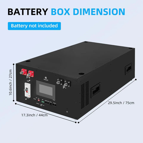 Heavy Duty 48V LiFePO4 Battery Box For DIY Solar Energy Storage Cabinet Rack Built Like A Tank Fits 280Ah To 314Ah Prismatic Cells Sold Separately, showing dimensions and design features.