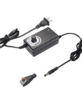 Plug And Play Adjustable Power Supply 100-240V AC To DC 3-12V 2A 24W Dimmer Transformer with a 5.5x2.5mm jack and plug adapter.