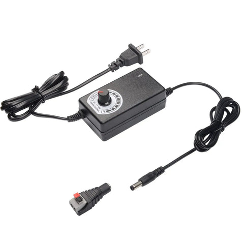 Plug And Play Adjustable Power Supply 100-240V AC To DC 3-12V 2A 24W Dimmer Transformer with a 5.5x2.5mm jack and plug adapter.