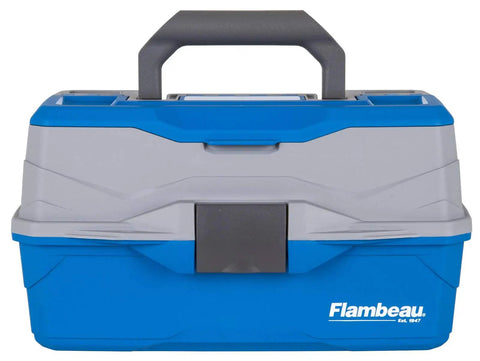 Medium blue gray tackle box with flip top lid and handle, Two Tray Cantilever Tackle Box With 15 Compartments And Removable Dividers