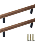 Walnut Wood Drawer Pulls With Metal Base, 2 Pack Cabinet Handles with screws, black dresser hardware, 5.04 inch hole centers.