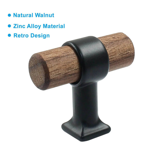 Close-up of Walnut Cabinet Pulls 4 Pack T Bar Knob Handles With Screws 40mm Wood Drawer Pulls against white background
