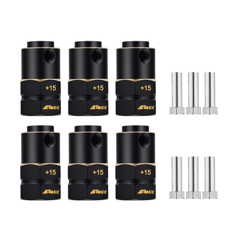 Beefed-Up Brass Wheel Spacers Kit 6Pcs With 15mm Wide Extension, 20mm Total Length, 12mm Hub Spacers For Axial TRX6 1 To 10 RC Crawler Upgrades, Heavier Weight To Improve Stability, Traction, And Handling On Rough Terrain; black and silver spacers
