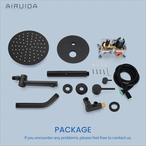 Matte Black Shower System With 8 Inch Round Rain Shower Head 3 Function Faucet Tub Spout Handheld Spray Rough In Valve No Fuss Install