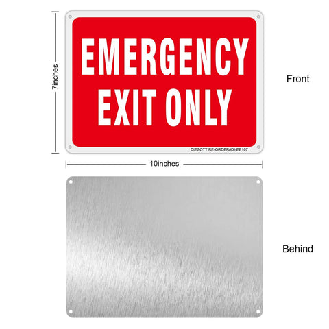 Badass 2 Pack 10X7 Emergency Exit Only Signs Heavy Duty Rust Free Aluminum, red front and silver back view.