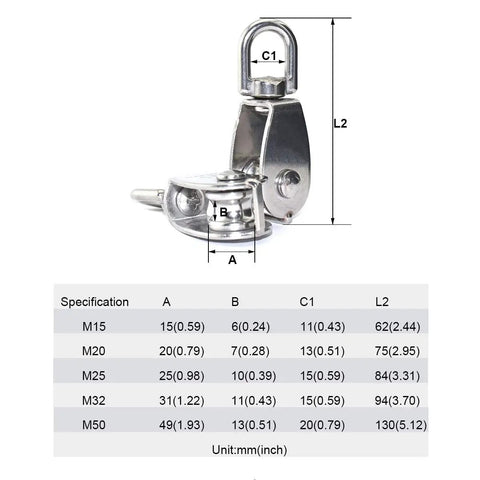 Heavy Duty M20 Single Pulley Block, Stainless Steel Swivel Lifting Pulley With One Wheel, 7mm Rope Compatibility, Waterproof And Rust Resistant, Ideal Rigging Gear For Hoisting, Hanging, DIY Projects, And Workshop Lifts. M20 size with measurement chart