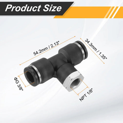 Push To Connect Branch Tee Air Fitting For Three Eighths Inch Tube OD And NPT One Eighth Inch Thread Heavy Duty Pneumatic Brass And PBT Connector