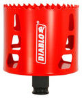 Diablo 3-inch bi-metal hole saw (front view) with variable tooth design, red body and DIABLO logo on Snap-Lock Plus mandrel