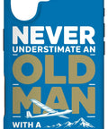 Blue iPhone 17 case with text 'Never Underestimate an Old Man with a Glider' showing a glider and mountains for Glider Pilot Dad Sailplane Club Case For Iphone 17 Built For Diehard Soaring Fans Ridge Soaring Enthusiast Gift With Rugged Protection Clear View Screen Easy Access Everyday Carry.