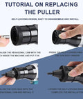 Tutorial images showing steps to replace the puller on Heavy Duty Plug And Play Cordless Electric Rivet Gun Set with dual speed control.