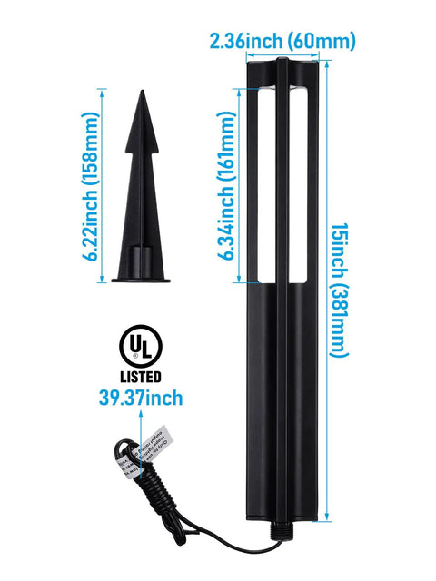 Black aluminum 10 Pack Low Voltage Path Lights 3W LED Landscape Lights For Driveways Gardens And Pathways Aluminum 12 To 24V AC DC IP65 Waterproof ETL Warm White 3000K Black Finish with measurements.