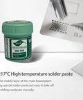 Lead Free No Clean SMD Solder Paste For Phone Repair With Tin 99 Percent Silver 0.3 Percent Copper 0.7 Percent Alloy 217 Degree Celsius High Temperature Bright Weld Point Strong Viscosity 50g Bottle For Quick Clean Joints in green container with stencil