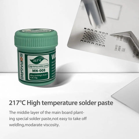 Lead Free No Clean SMD Solder Paste For Phone Repair With Tin 99 Percent Silver 0.3 Percent Copper 0.7 Percent Alloy 217 Degree Celsius High Temperature Bright Weld Point Strong Viscosity 50g Bottle For Quick Clean Joints in green container with stencil