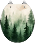 Toilet Seat Round Resin for Bathroom with green forest design, fits 4-7 inch hole distances and 14-15 inch width.