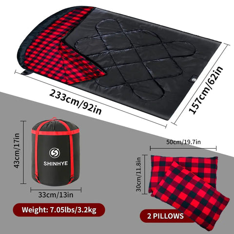 Cozy Double Sleeping Bag For Adults With 2 Pillows, Flannel Cotton 2 Person XXL Queen Size, Cold Weather Outdoor Camping Gear