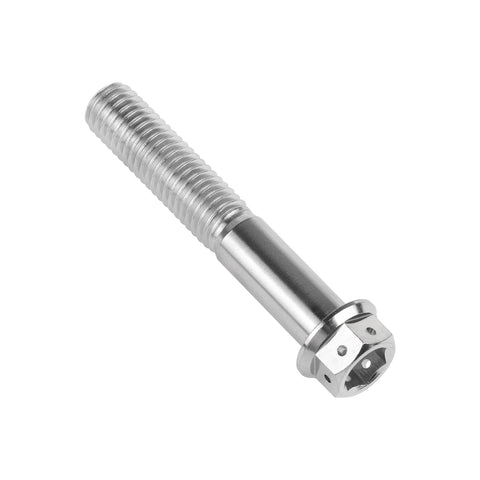 Side view of titanium M10 flange hex head bolt, 60mm length, 1.25mm pitch, silver