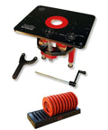 Premium Router Lift With Dead Smooth Height Adjustment And Tough As Nails Top Plate Includes Full Ten Piece Insert Ring Set Plus Quick Access Storage Tray For Woodworking Pros with accessories.