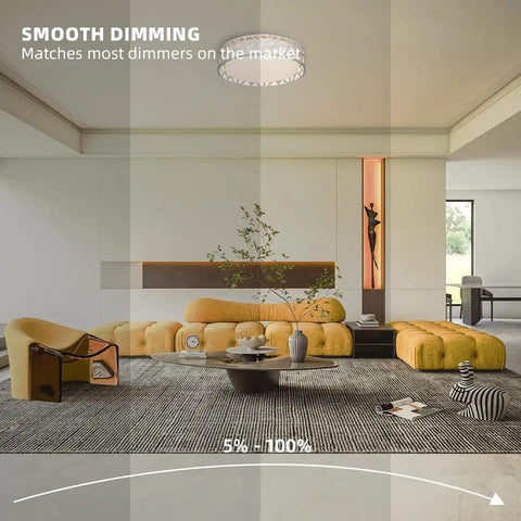 Living room with LED Flush Mount Ceiling Light 14 Inch, dimmable 20W 1400 Lumen, modern minimalist round fixture.